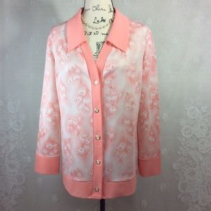 Vintage Peach Tulip Print Button Up Top L